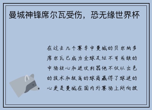 曼城神锋席尔瓦受伤，恐无缘世界杯