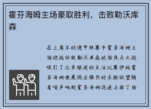 霍芬海姆主场豪取胜利，击败勒沃库森